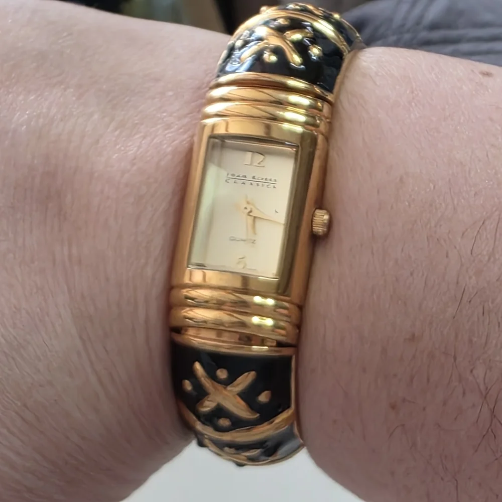 Joan Rivers Gold Black Enamel Bangle Watch Bracelet Vintage Statement WORKS